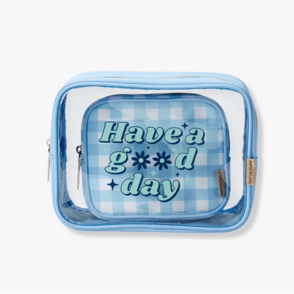 Tartan + Twine Have a Good Day Blue Clear Cosmetic Bag Set - Women’s Makeup Case